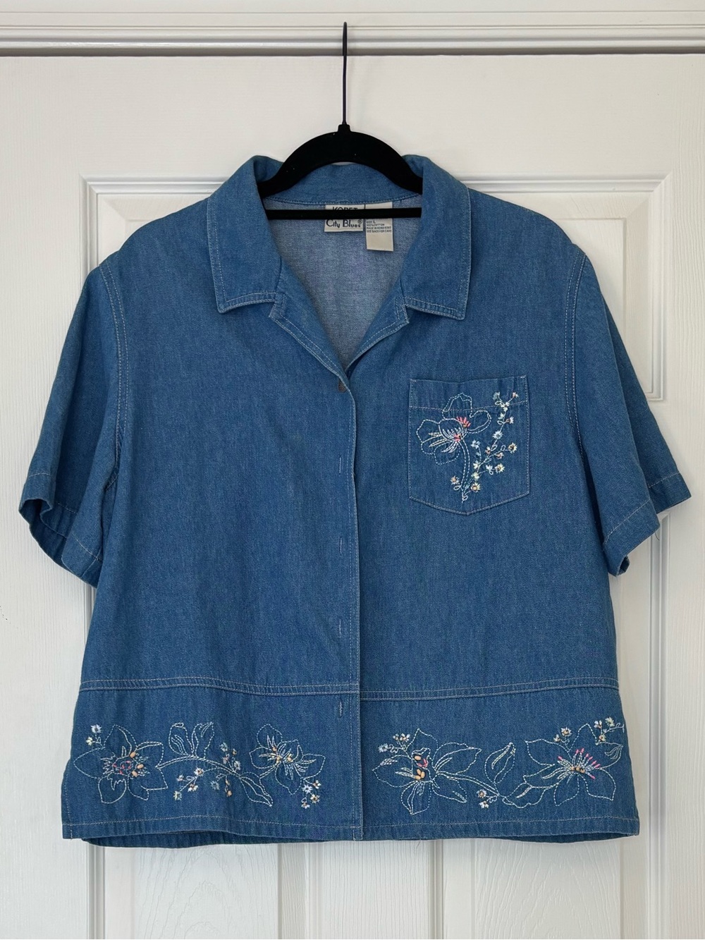 Vintage Koret City Blues 100% Cotton Denim Embroidered Beaded Short Sleeve Shirt